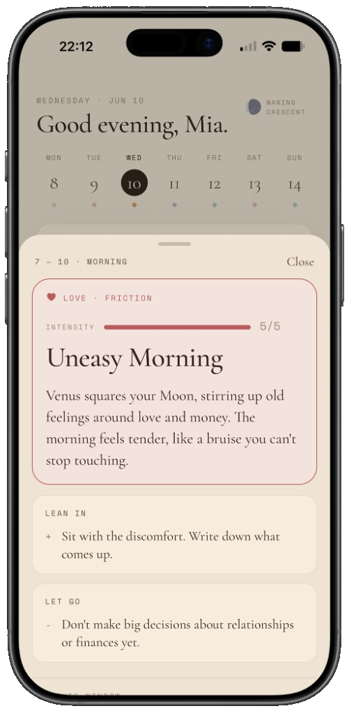 Nulo Lens detail — poetic reading with lean in and let go guidance